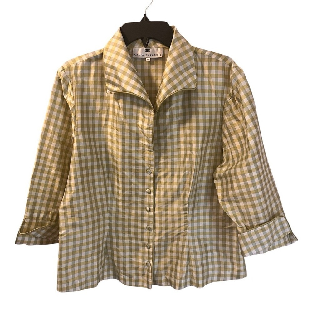 Marisa Baratelli Blouse Top Thai Silk 14 Green White Gingham Plaid